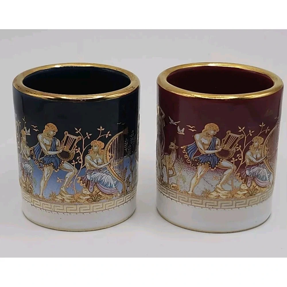 Vintage Greek Shot Glass Mythology Adis Artisan 24C Gold Detail Hand Crafted Art